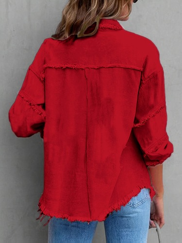 Women's Simple Daily Long Sleeved Fringed Denim Jacket Loose