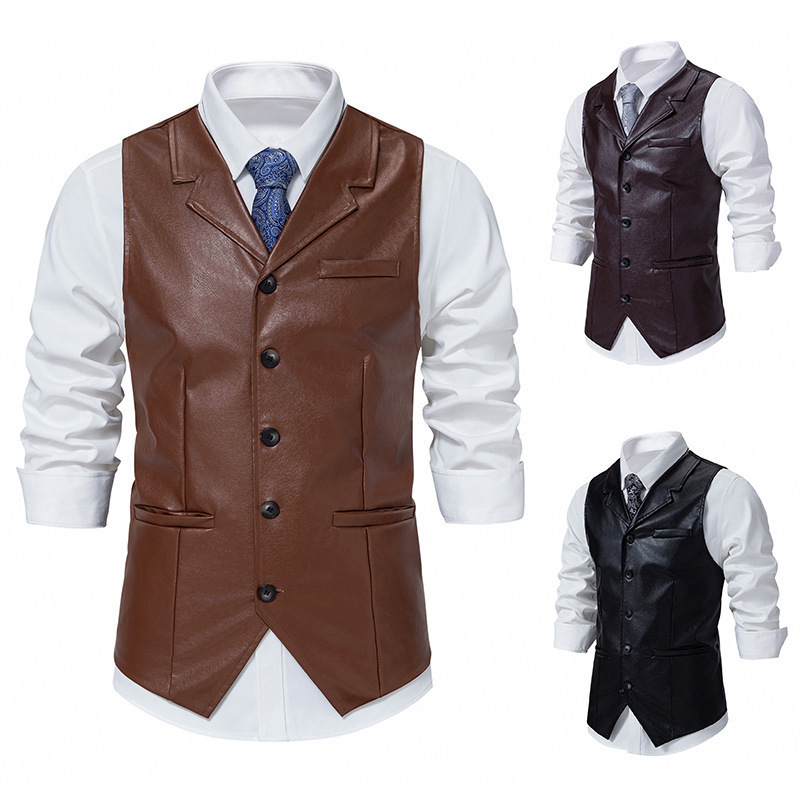 Spring 2024 new European and American men's retro lapel single-breasted motorcycle vest solid color European size slim PU leather vest
