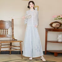 Retro Chinese-style Embroidered Two-piece Set, Women's Blue Shirt & Trousers