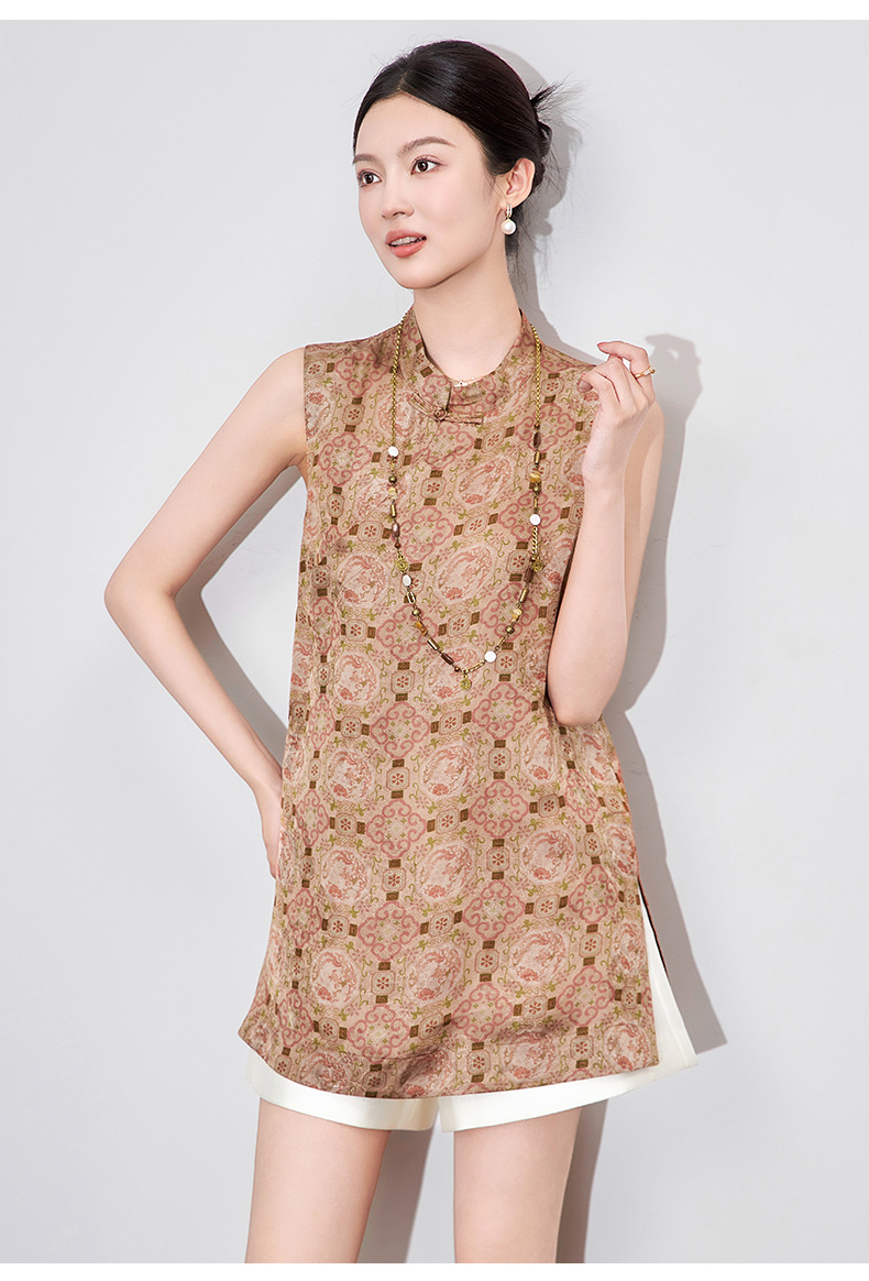 Áo sườn xám không tay cổ chéo cài cúc phong cách Trung Quốc mới — Màu hồng hoa chi tiết 12