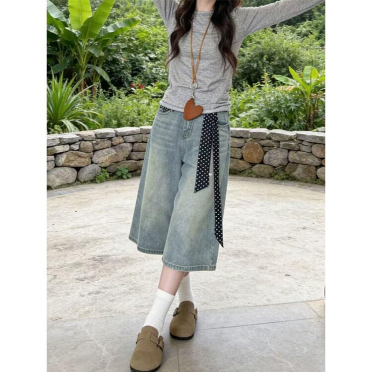 American-Style Light-Colored Wide-Leg Cropped Jeans for Women, New Summer High-Waisted Loose Fit, Slimming Plus-Size Straight Shorts