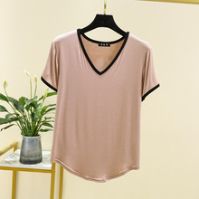 撞色T恤女夏天新款莫代尔V领打底衫洋气百搭修身上衣潮夏季小衫