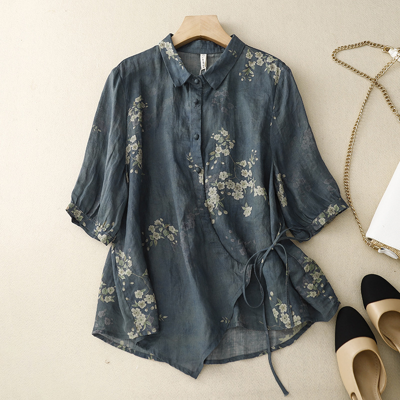 Counter Brand Tail Goods Asymmetrical Cotton and Linen Shirt Women's Loose Lace-Up Elegant Linen Short-Sleeved Shirt Top