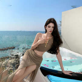 2025夏感欧美斜肩上衣露腰开衩半身裙海边度假连衣裙沙滩裙女套装