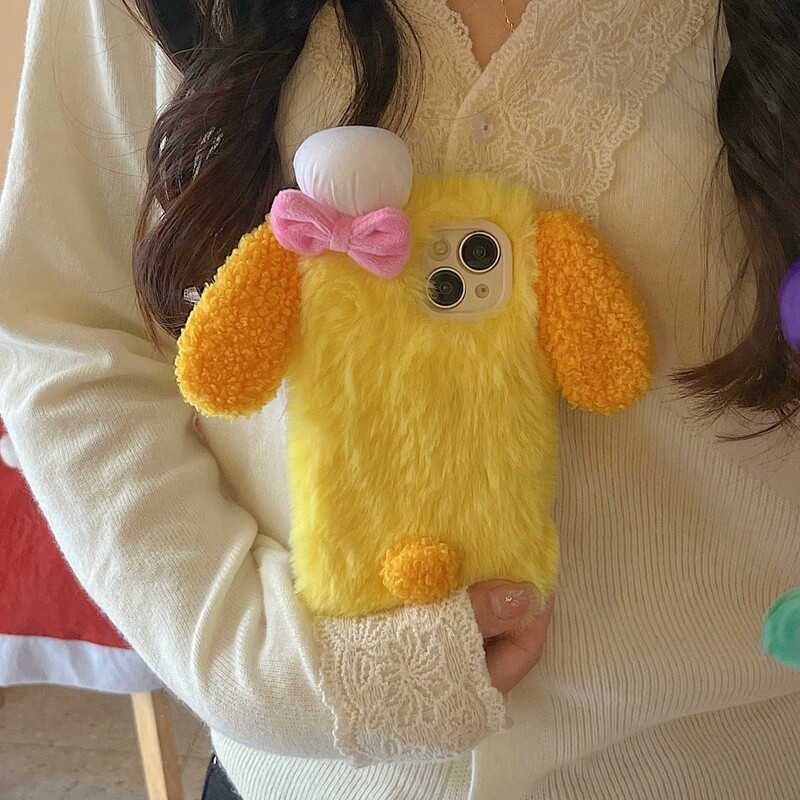 Autumn and Winter Plush Suitable for Apple 17Promax Mobile Phone Case Iphone16 Yellow Furry Big Ear 15 Girls 14 Protective Cover