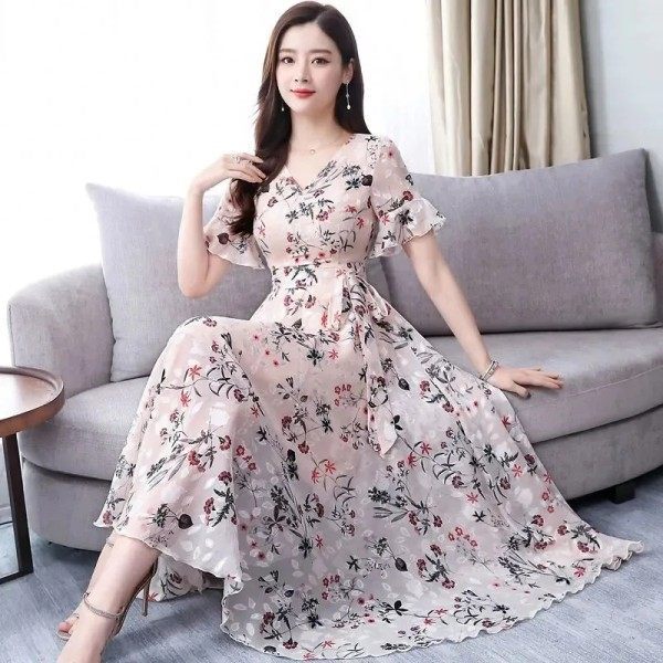 Large Size Ice Silk Floral Mid-Length Dress Women's Summer New Trumpet Sleeve Super Fairy Dress Slim-Fit Long Tight Waist Dress Trendy