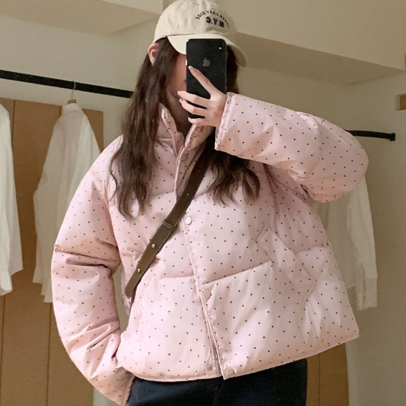 跨境2025冬季日韩系甜美学生波点短款立领面包服学院风棉衣外套女|undefined