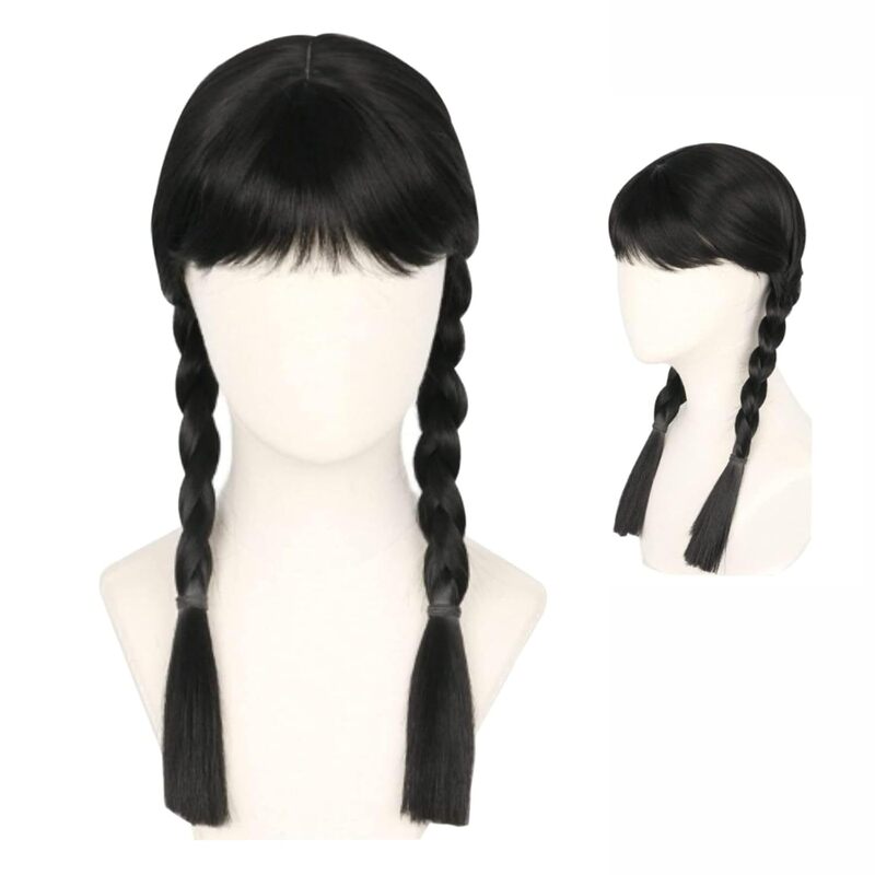 Amazon Halloween Middle Black Woven Double Ponytail Braid Wednesday Dress Black Wig with Bangs Amazon Halloween Middle Black Woven Double Ponytail Braid Wednesday Dress Black Wig with Bangs