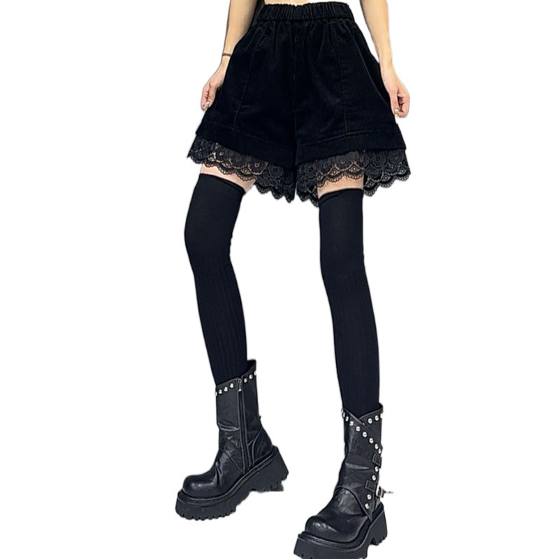 (2개) 블랙 코듀로이 레이스 스티칭 디자인 틈새 캐주얼 반바지 2025 기모 가을과 겨울 넓은 다리 부츠 바지 여성