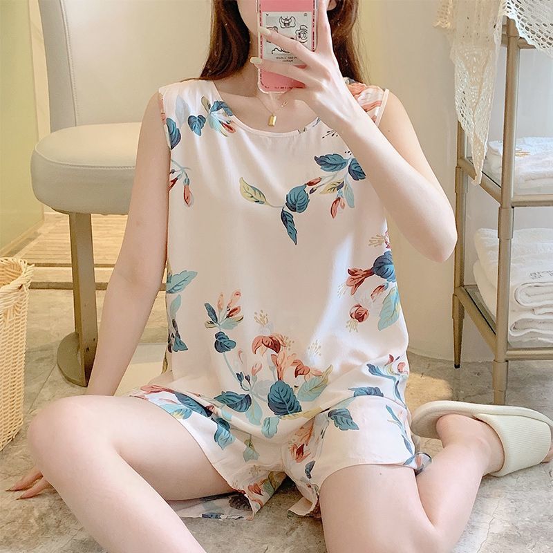 Cotton Silk Pajamas for Women Summer Thin Loose Sleeveless Artificial Cotton Home Clothes Can Be Worn Outside Student Cotton Silk Suit Plus Size