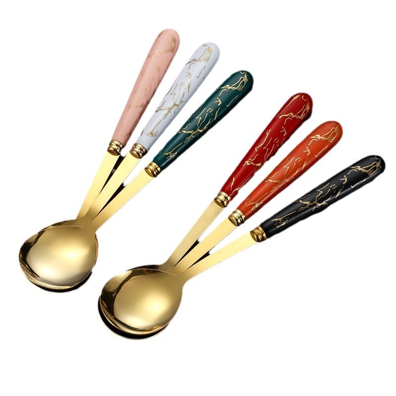 410ステンレススプーン大理石模様模造ハンドル磁器家庭用食事デザート韓国式長柄ギフトボックスセットスプーン|undefined