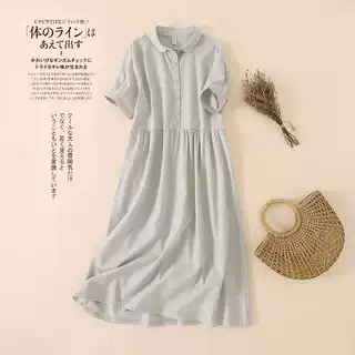 薄麻减龄娃娃领短袖连衣裙夏款棉麻女装通勤衬衫领长裙