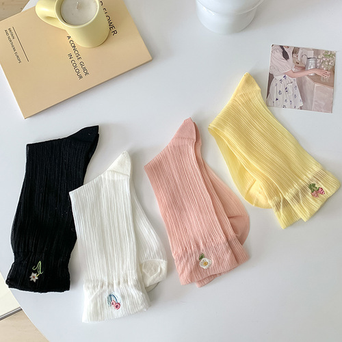 Solid color embroidered floral summer thin glass silk cassette women's college style mid-calf women's socks