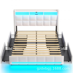 Cross-Border Hot-Selling Rechargeable Fabric Bed Full-Size Bed Frame with Led Light and Upholstered Bed Storage Headboard and Drawers