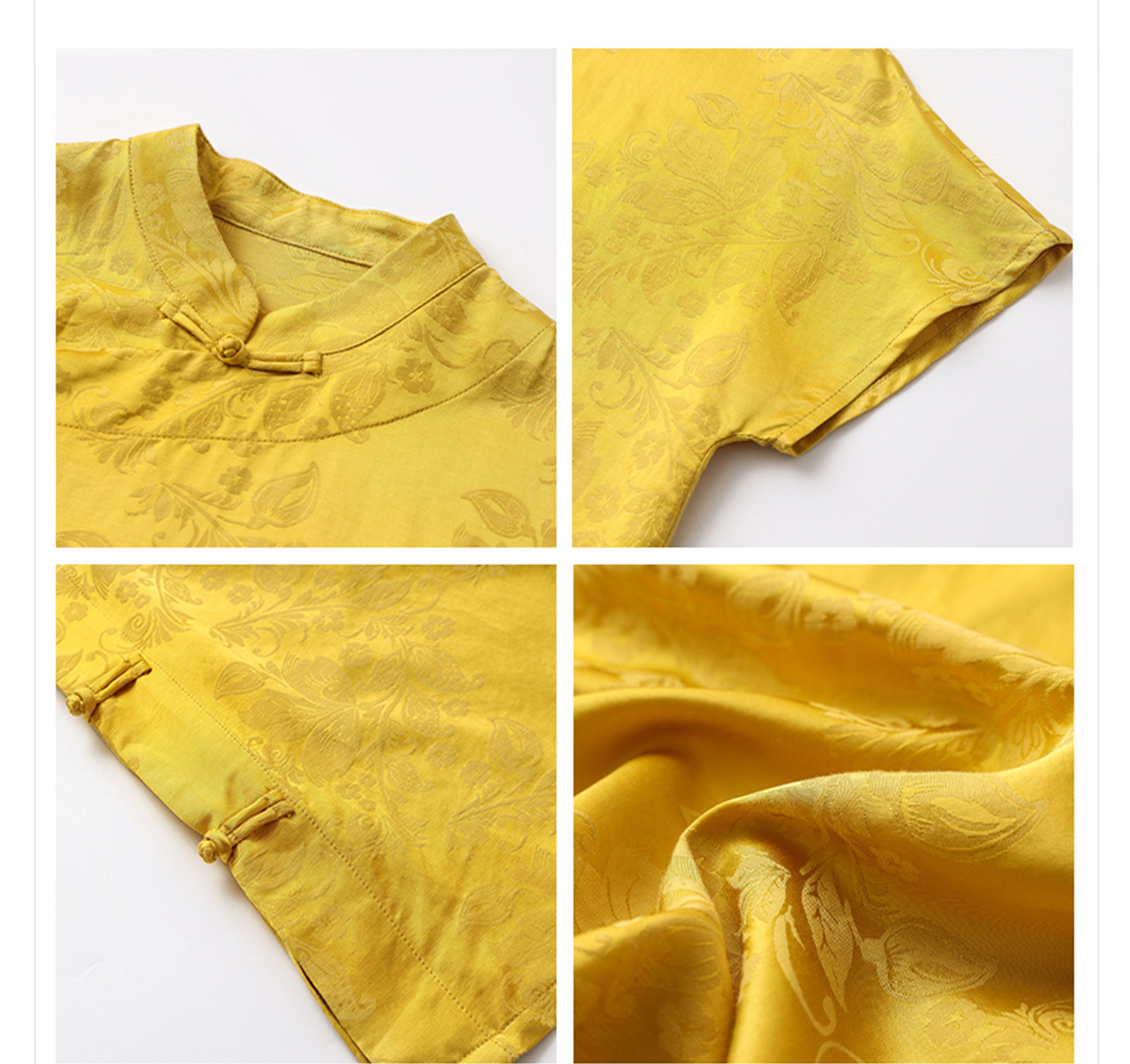 Bộ áo quần hai mảnh phong cách Trung Hoa mới cổ đứng jacquard mùa hè — Áo màu vàng, Quần dài màu vàng chi tiết 5