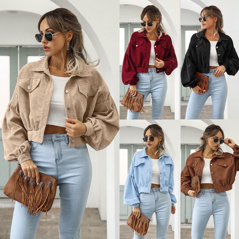 Amazon Autumn and Winter European and American Casual Corduroy Jacket with Lantern Sleeves and Single-Breasted Short Coat for Women Amazon Autumn and Winter European and American Casual Corduroy Jacket with Lantern Sleeves and Single-Breasted Short Coat for Women