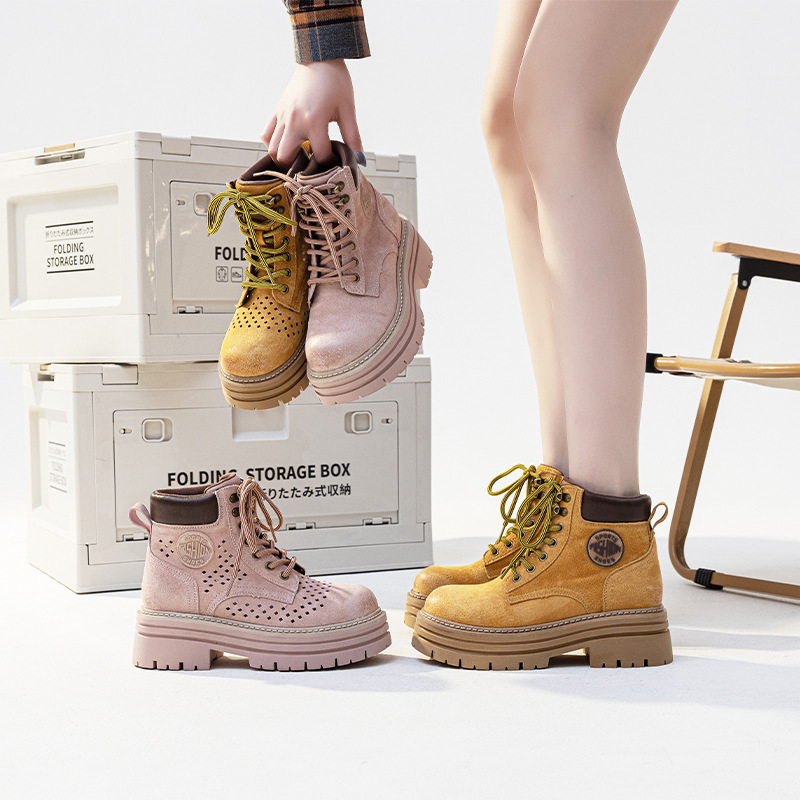 Hollow-out Rhubarb Boots Casual Women's 2025 Retro Spring New Style Breathable Height-increasing Shoes Thick-soled All-match Martin Boots