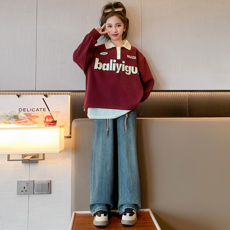 Kinderkleidung Mädchen im Jahr 2024 Neuheit, mittelgroßer Kapuzenpullover mit Polokragen, Reversoberteil, Frühling und Herbst für Kinder_voghion.com