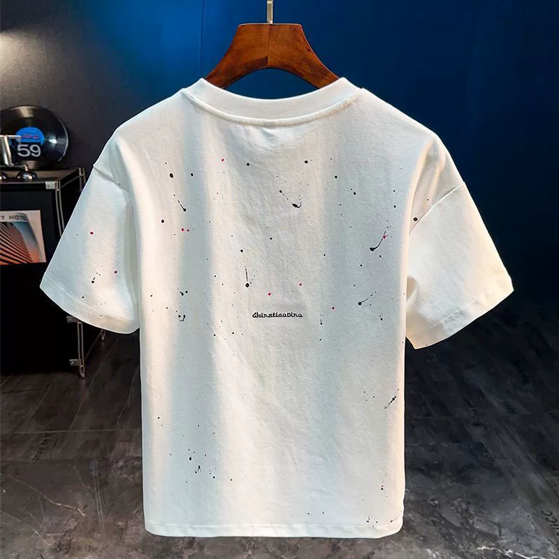 Мужская летняя футболка 2025 года, короткий рукав, slim fit, вышивка сплэш-инк, повседневная модная трендовая футболка с буквами