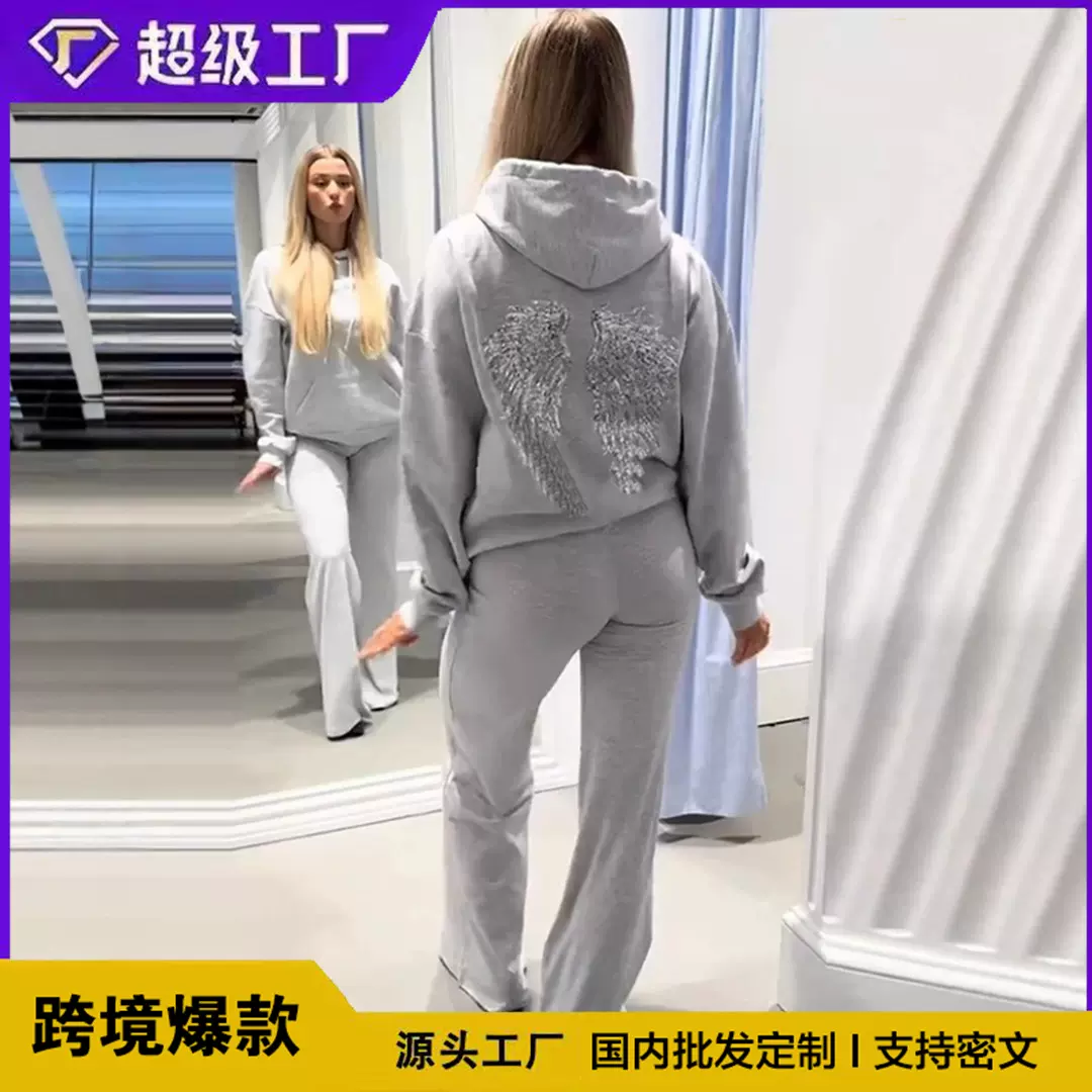 定制跨境街头外贸批发天使的翅膀亮片连帽衫女宽松长袖套头衫上衣