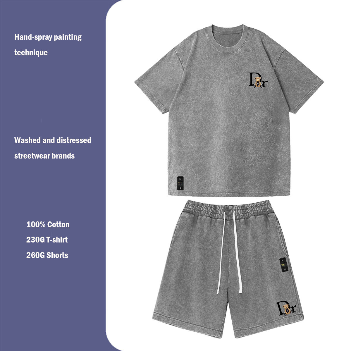 Ensemble T-shirt à manches courtes et short unisexe imprimé, épais et tendance, en pur coton, style décontracté._voghion.com