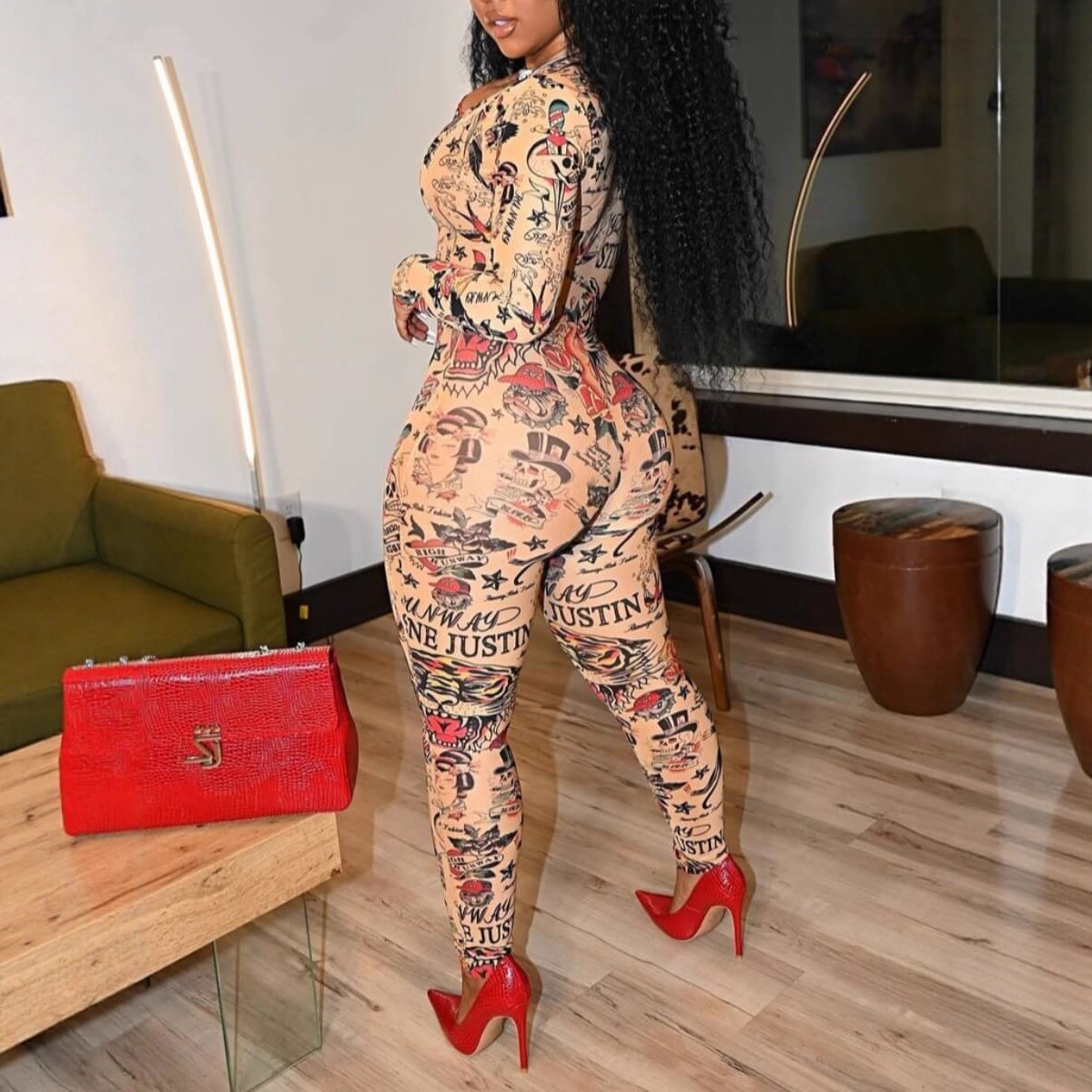 Jy20140 European and American Cross-Border Export Amazon Winter New Women's Printed Slim Hip Lifting Sports Jumpsuit