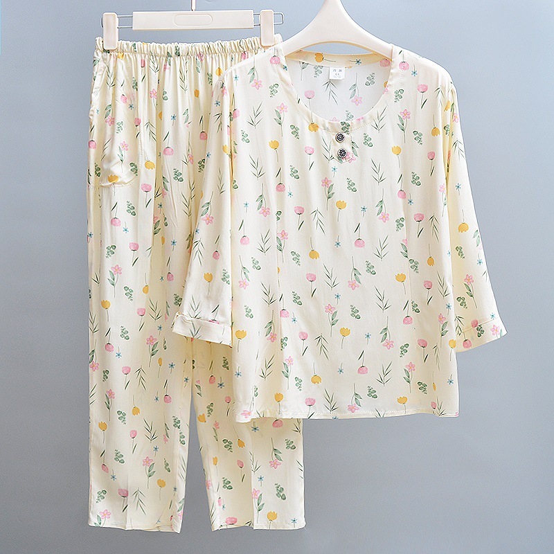 女性用綿シルクパジャマ、夏用薄手、中高年ママ、ゆったり綿シルクホーム服、七分袖お出かけスーツ|undefined