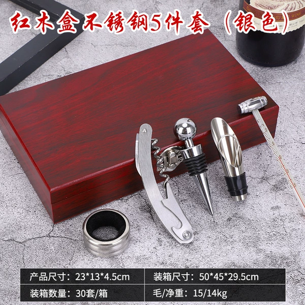 Wooden box stainless steel, silver set, 5 pieces