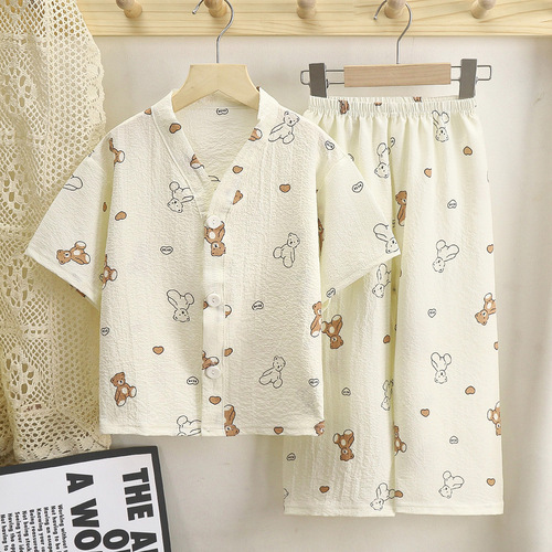 2024 Spring Cartoon Cardigan Short-Sleeve Children's Home Wear Set for Older Boys and Girls