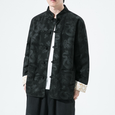 2023春季新款中国风男装鹿皮绒夹克外套唐装汉服大码立领盘扣上衣