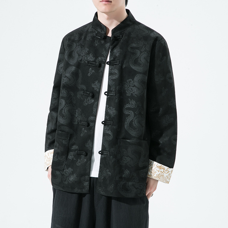 2023春季新款中国风男装鹿皮绒夹克外套唐装汉服大码立领盘扣上衣