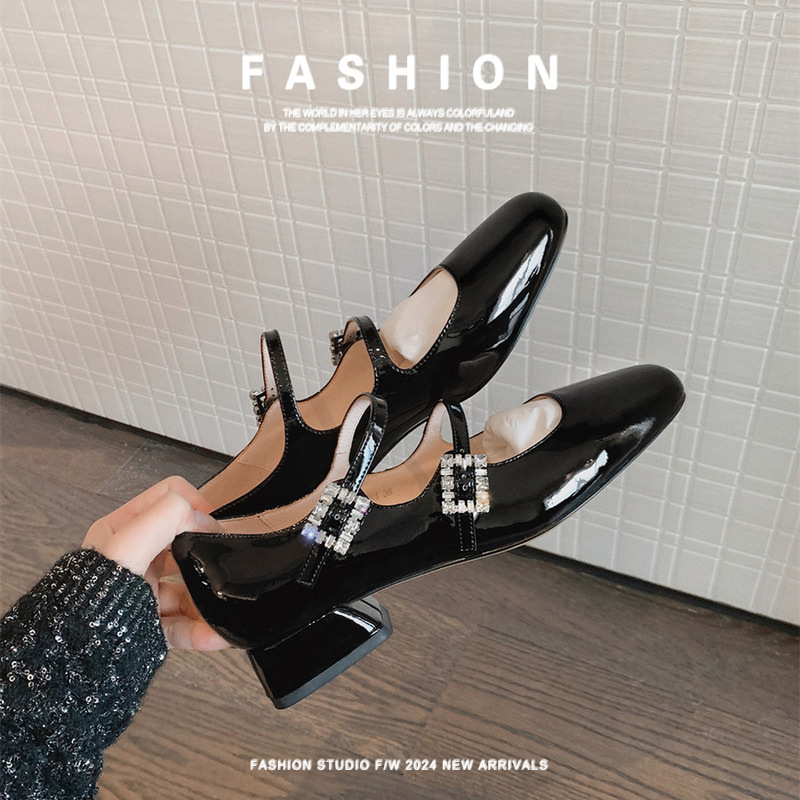 Genuine Leather Goatskin Spring Style Women's Square Toe Genuine Leather Rhinestone Buckle with Thick Heel Mary Jane Flats Women's Wedding Shoes Shallow Mouth