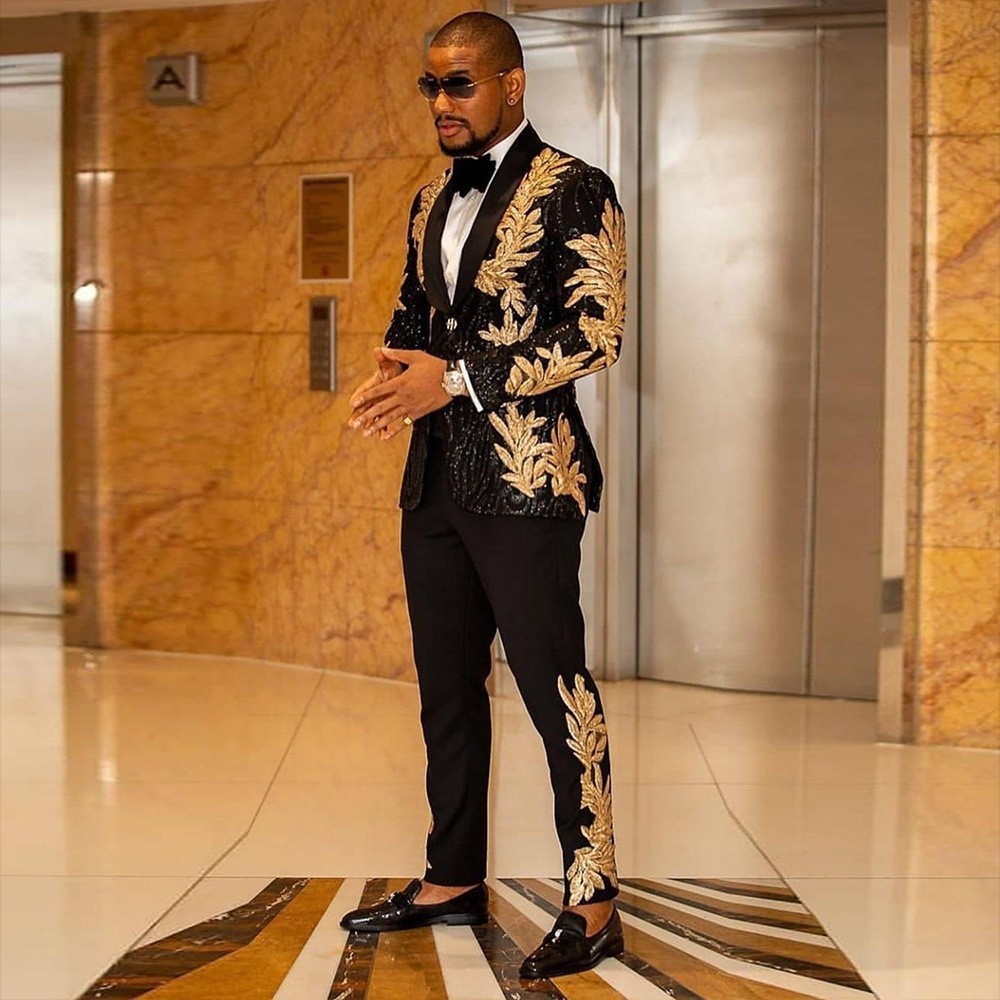 Men's Gold Sequined Appliqué Suit Set Casual High-Quality Two Piece Jacket And Trousers Skinny Board_viptrois.com