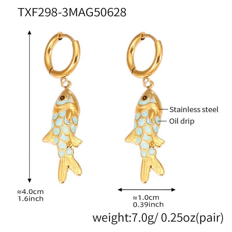 Xinyixinxin ステンレス鋼チェーンパールオイルドリップ小魚マルチカラーペンダントネックレスイヤリングセット 18k リアルゴールドメッキ|undefined