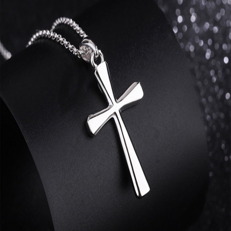 欧美跨境爆品十字架项链钛钢项饰男女情侣个性潮流珍珠链光面吊坠