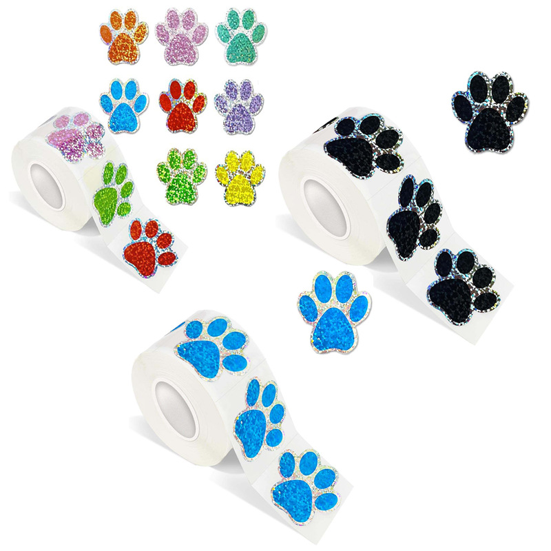 现货批发1英寸儿童婴儿脚印彩虹闪光镭射不干胶标签贴纸500贴/卷