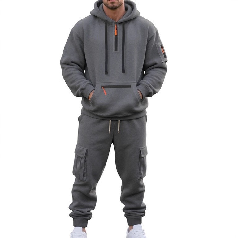 2025 Cross-Border European and American Autumn and Winter Men's Fashion Casual Sports Sweatshirt Set Half-Zip Multi-Pocket Sweatshirt and Sweatpants