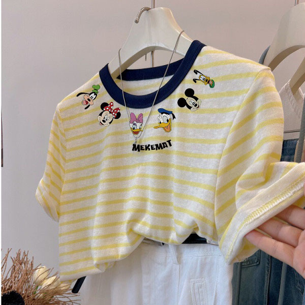 Korean Yellow Stripesd Cartoon Printed Short-Sleeved T-Shirt Women's Summer Thin Casual Top