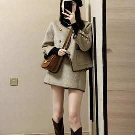 大码胖mm秋冬感名媛气质小香风毛呢外套+半身裙两件套女200斤