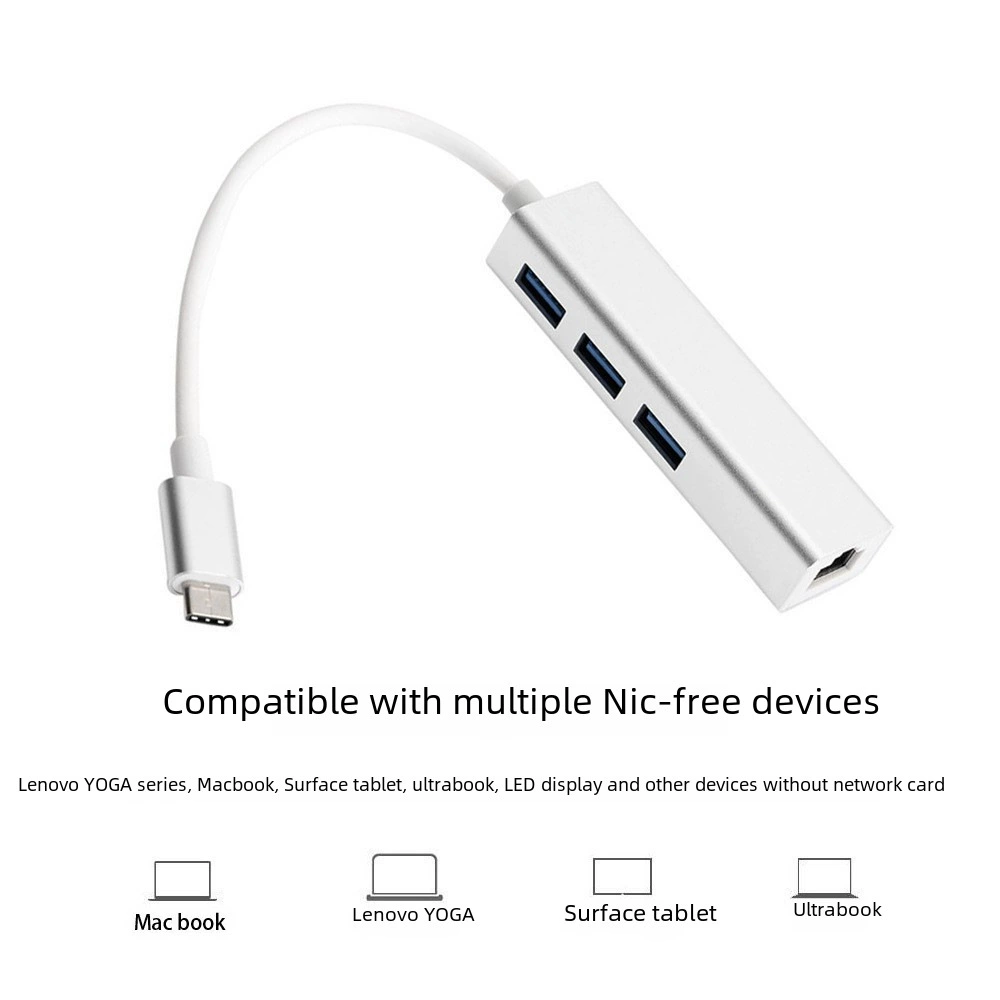 Сетевая карта USB3.1 из алюминиевого сплава Type-C - RJ45 с 1 портом 3.0, 2 портами 2.0HUB, сетевая карта с накопителем 100 Мбит/с