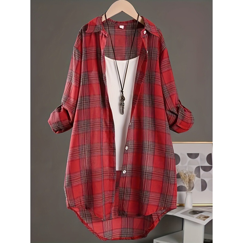 European and American Large Size Plaid Cotton and Linen Shirt for Women, Long-Sleeved, Cross-Border Casual, Long Style, Fashionable Loose Shirt Jacket with Plaid Pattern