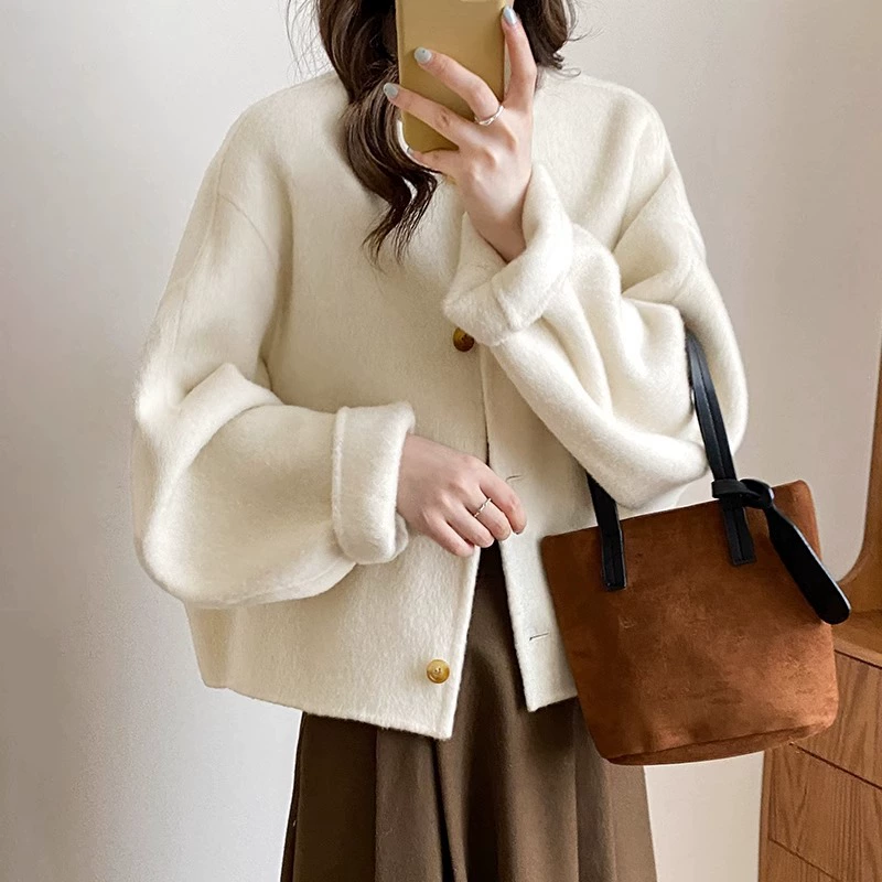 Новый двухсторонний шерстяной пальто короткий маленький большой рукав профиль утолщенная кашемировая двухсторонняя длинная шерстяная теплая куртка