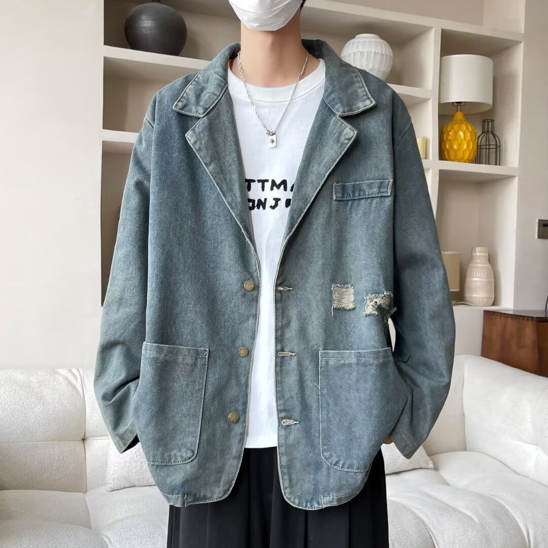 美式水洗复古西服领牛仔外套女秋季2026新款休闲短款机车夹克上衣
