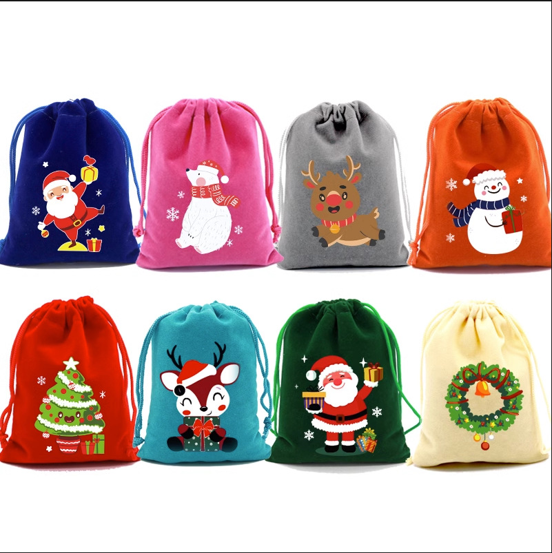 跨境批发圣诞节糖果袋平安夜苹果束口绒布袋圣诞树礼物装饰袋子