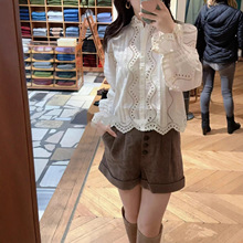 南油衬衫高货白色镂空纯棉刺绣荷叶边法式衬衫木耳领长袖上衣新款