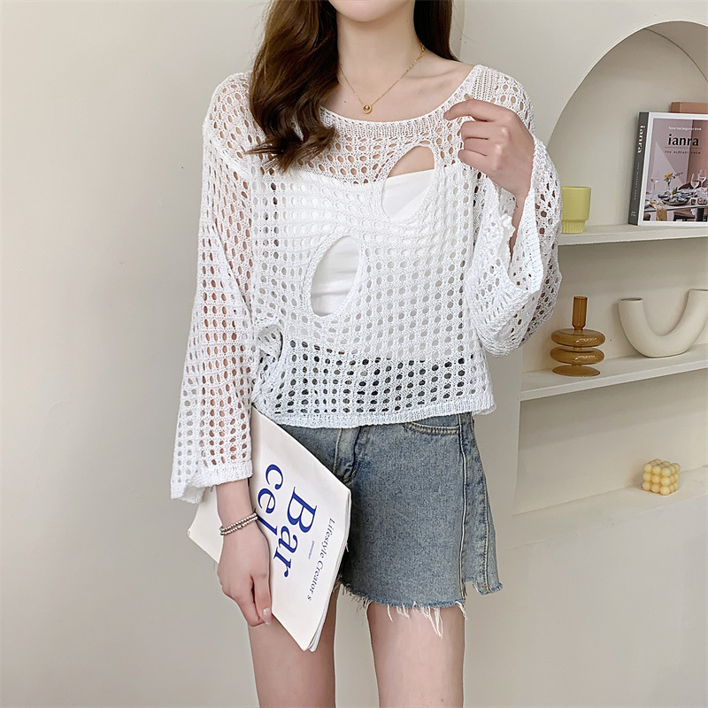 Knitted Sun Protection Shirt for Women Thin Summer Sweet Short Loose Hollow Long-Sleeved Blouse Top
