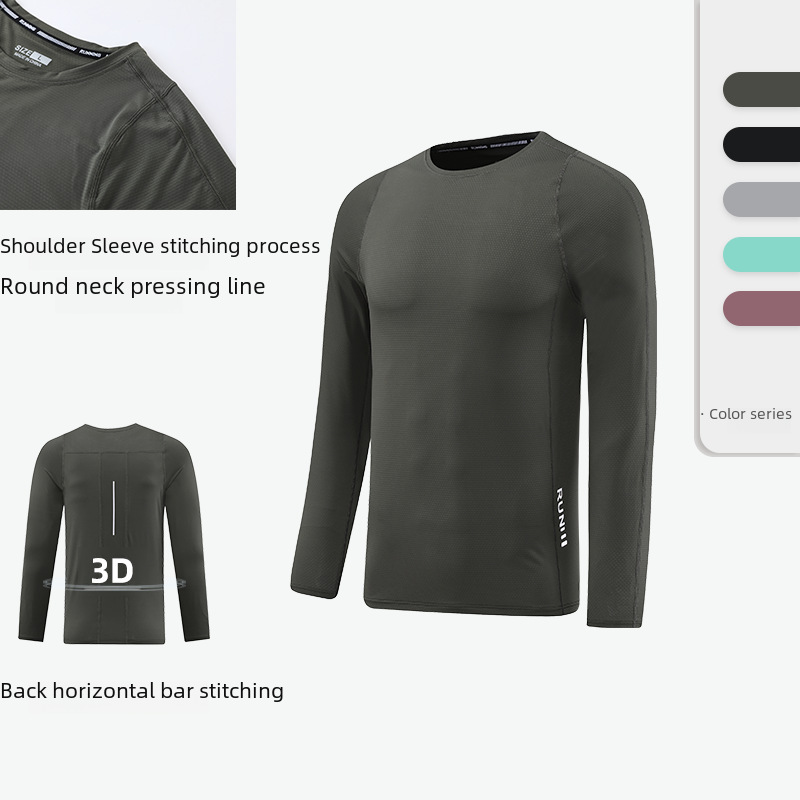 Cross-Border European and American Elastic Round-Neck T-Shirt, Outdoor Thin Quick-Drying Long-Sleeve Men's Running Fitness Basketball Training Clothing