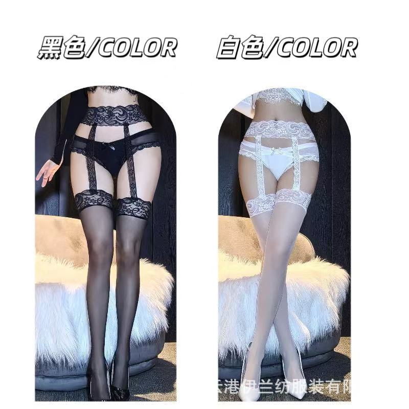 Silk-Feel Lace Strap Stockings Ultra-thin Sheer Open-Crotch Pantyhose, White Garter Style, One Size — detail image 3