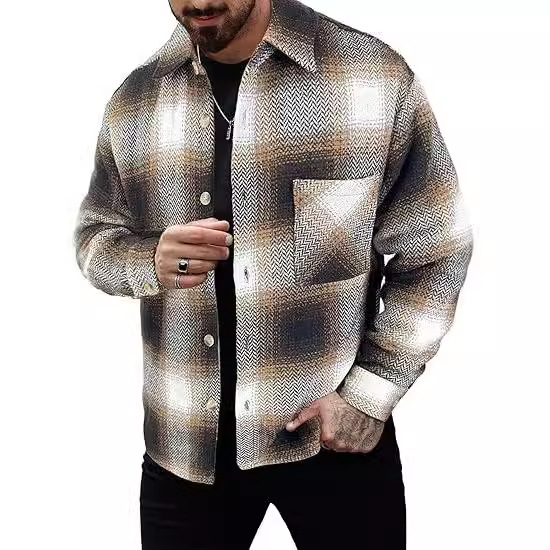 Giacca da uomo casual in cotone stampato con fibbia, manica lunga, colletto ribaltabile, stile western, jacquard, 2024_voghion.com