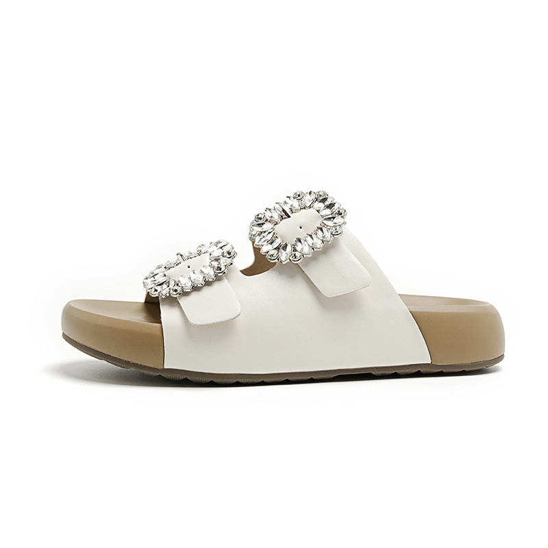 Square Buckle Rhinestone Genuine Leather Double Strap Small Thick-Soled Slippers for Women Summer Outer Wear Heightening Poop Feeling Small Size 32 Half Slippers